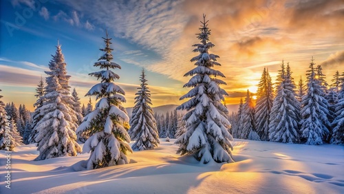 Serene winter wonderland scene featuring snow-laden pine trees standing tall amidst a blanket of fresh powder at dawn of winter solstice morning.