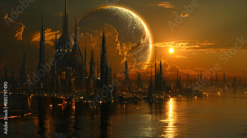  A futuristic solar planet with domed cities and advanced renewable energy sources photo