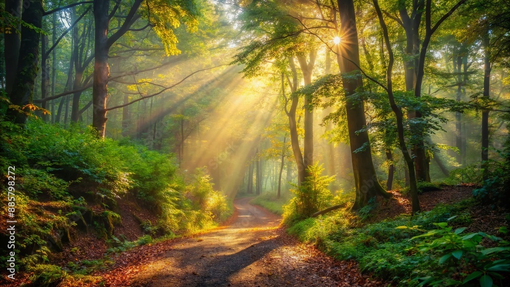 Obraz premium Serene sunlight filters through dense foliage above a winding dirt path, lined with lush greenery and fallen leaves, disappearing into the misty forest depths.