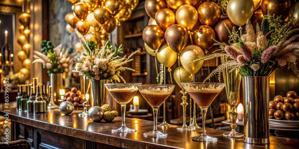 Glittering gold balloons and lavish ornaments surround a velvet-draped bar adorned with sparkling glasses, exquisite flower arrangements, and a tray of espresso martinis. Glittering gold balloons and lavish ornaments surround a velvet-draped bar adorned with sparkling glasses, exquisite flower arrangements, and a tray of espresso martinis.