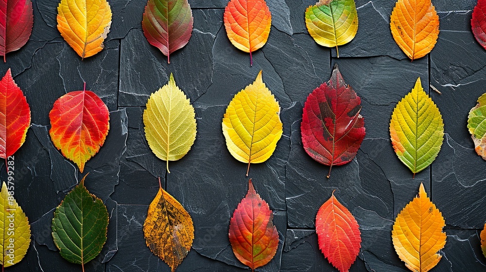 Obraz premium Vibrant Colorful Autumn Leaves Pattern on Black Background