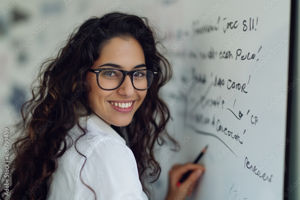 Smiling Teacher Writing on Whiteboard Smiling Teacher Writing on Whiteboard