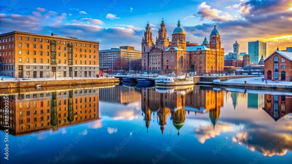 Obraz premium Vibrant blue winter skyAbove Albert Dock's historic waterfront architecture in Liverpool, Merseyside, UK, showcasing a tranquil and culturally rich cityscape with snowless streets.