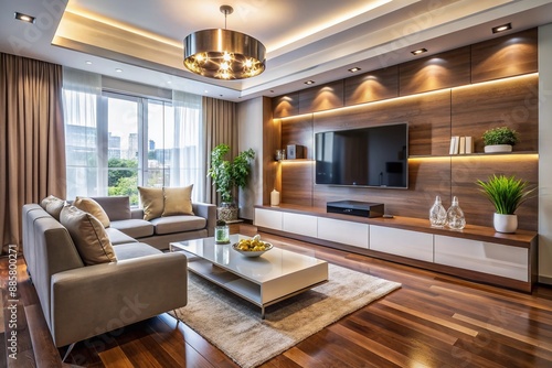 Modern living room with sleek wall-mounted TV, neutral toned walls, glossy wood floors, and minimalist decor, exuding luxury and sophistication in a cozy atmosphere.