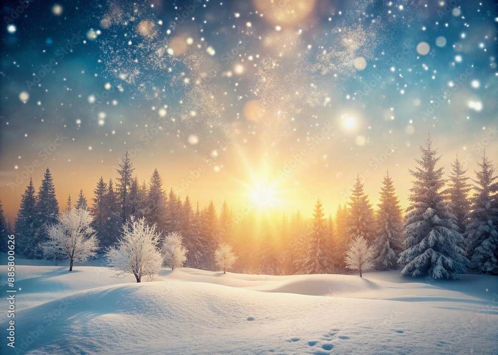 Serene winter landscape featuring a warm light, softly falling snowflakes, and a blank space where you can add your text or design element. Serene winter landscape featuring a warm light, softly falling snowflakes, and a blank space where you can add your text or design element.