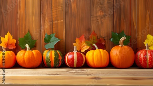 A row of pumpkins with leaves on top of them