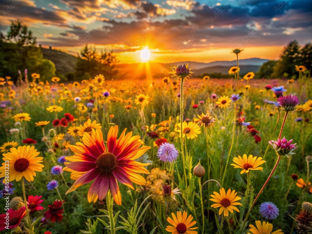 Obraz premium Warm golden light of sunset illuminates vibrant wildflowers swaying gently in the breeze, filling the rustic landscape with color and serenity.