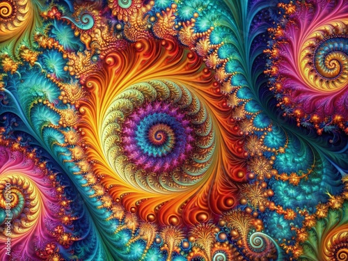 Vibrant, intricate, and mesmerizing abstract fractal art background featuring swirling shapes and colors, perfect for creative design, decoration, and print on various media.