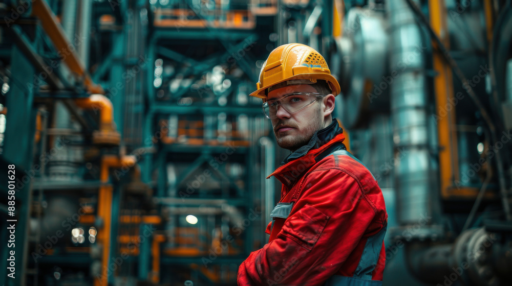A focused industrial worker in a factory environment, wearing a hard hat, safety glasses, and protective clothing. A focused industrial worker in a factory environment, wearing a hard hat, safety glasses, and protective clothing.