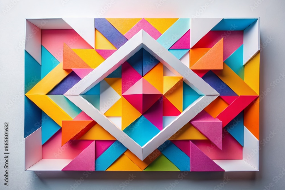 Vibrant geometric shapes in bold hues of pink, yellow, blue, and orange intersect and overlap on a clean white background with a crisp white box center. Vibrant geometric shapes in bold hues of pink, yellow, blue, and orange intersect and overlap on a clean white background with a crisp white box center.