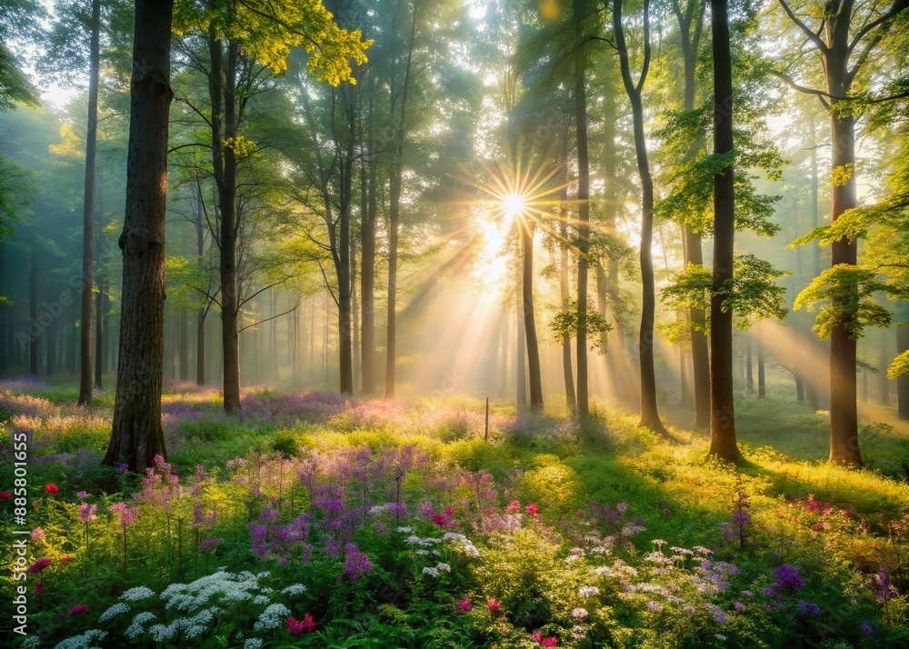 Obraz premium Serene misty forest landscape with lush green trees, radiant sunlight, and delicate wildflowers embracing tranquility, evoking feelings of profound calm and inner peace.