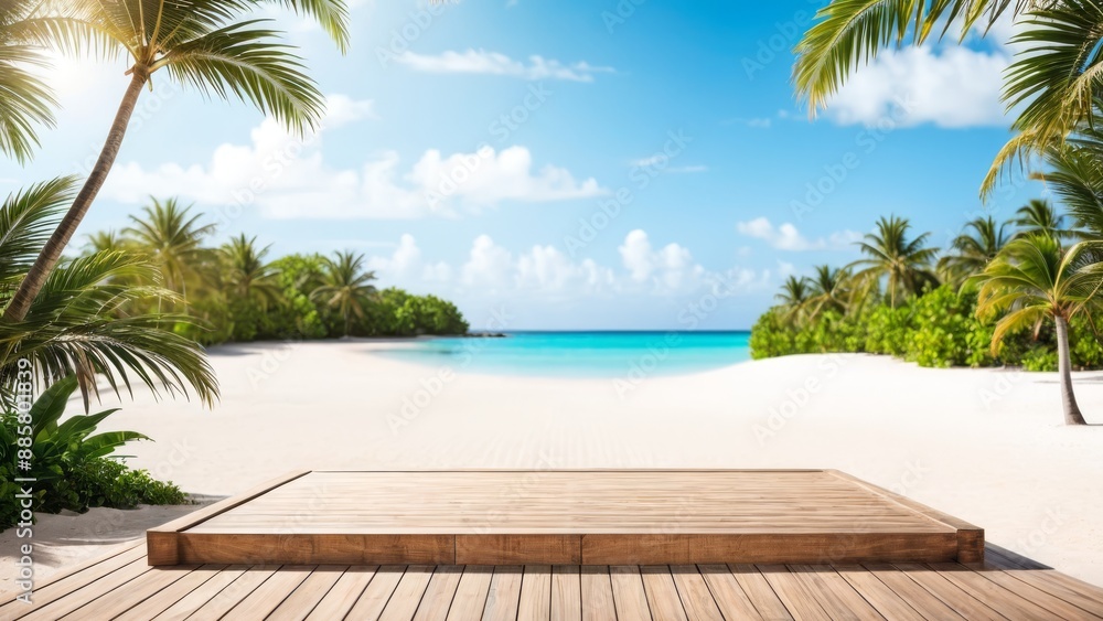 Fototapeta premium empty flat wooden field with tropical beach background.