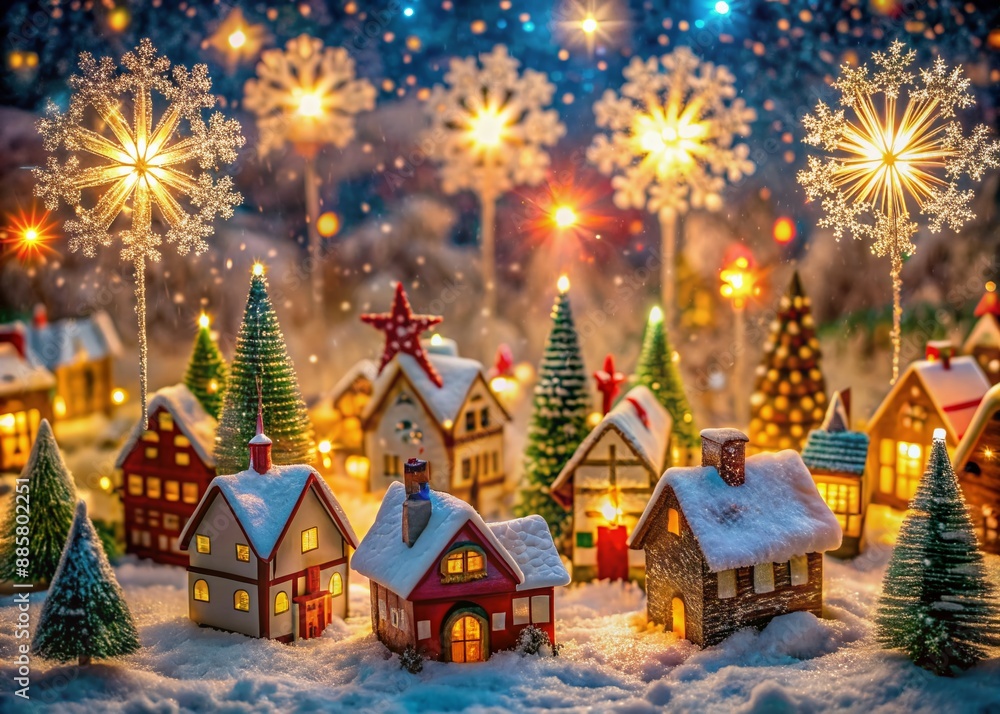 Sparkling snowflakes gently fall on a whimsical holiday village, featuring tiny lit houses, vibrant market stalls, and colorful ornaments, exuding warmth and festive holiday cheer. Sparkling snowflakes gently fall on a whimsical holiday village, featuring tiny lit houses, vibrant market stalls, and colorful ornaments, exuding warmth and festive holiday cheer.