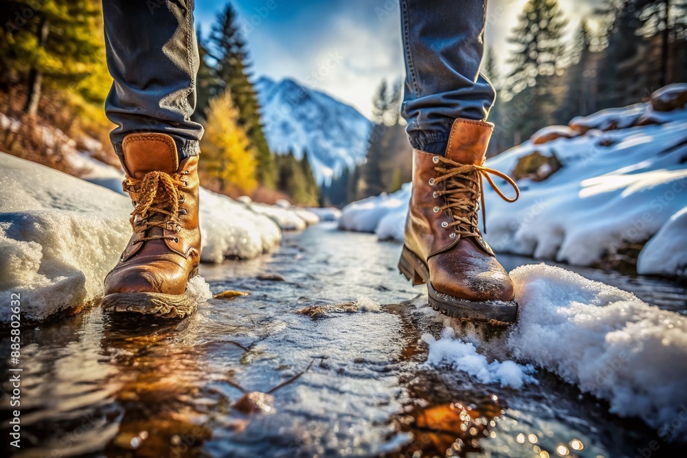 Trekking or hiking on a winter trail. Close up shot of hiking boots or shoes. Outdoor path with snow and water. Detail photo of outdoor hiking boots. Trekking or hiking on a winter trail. Close up shot of hiking boots or shoes. Outdoor path with snow and water. Detail photo of outdoor hiking boots.