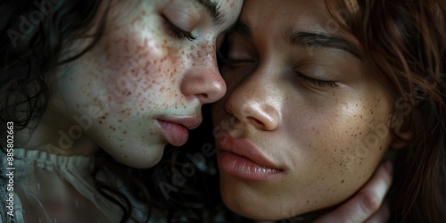 Close-up portrait of two women with distinctive freckles on their facial skin photo