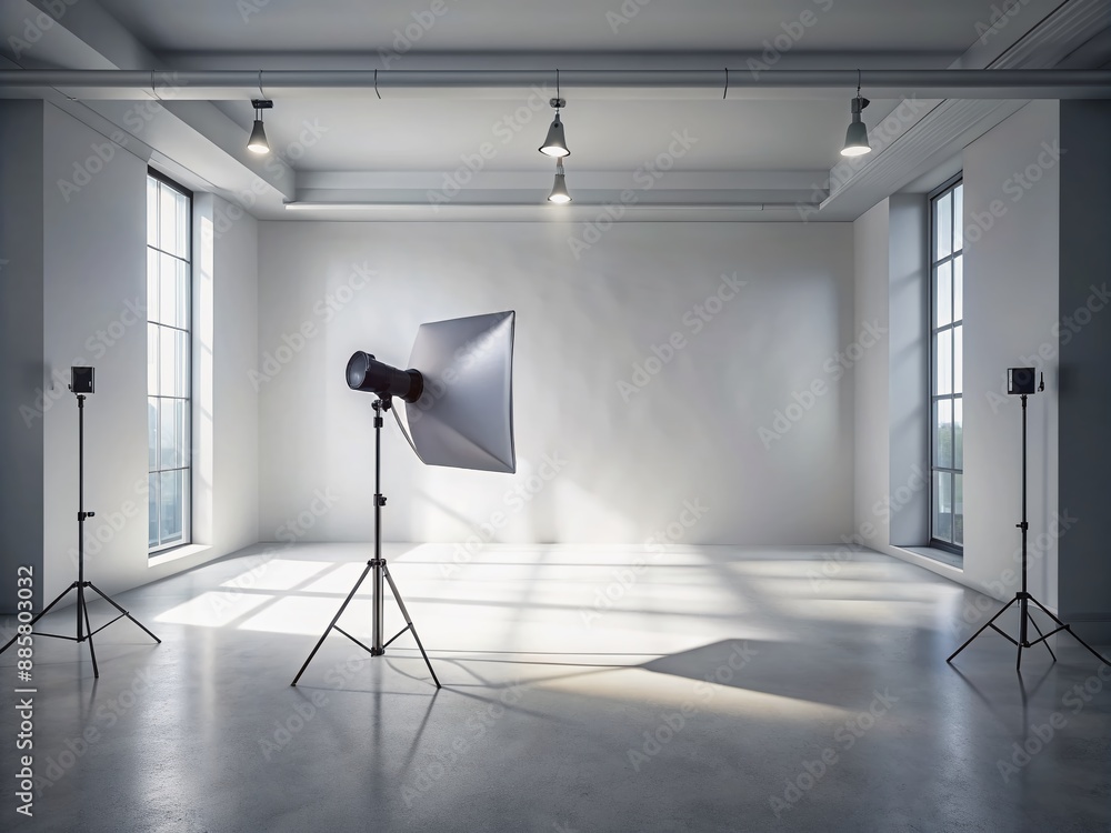 Minimally styled studio room with soft white walls, gray floor, and a ...