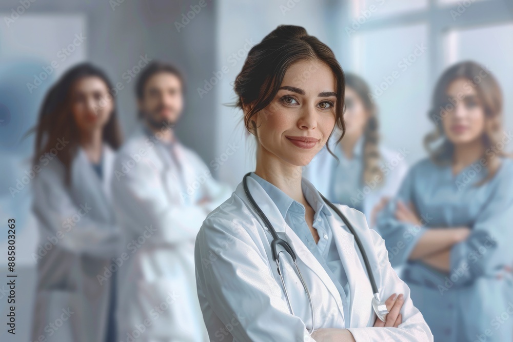 female Doctor, hospital and portrait with team for medical service, healthcare and insurance for medicine. Expert nurse, clinic and confident for wellness. health worker - generative ai female Doctor, hospital and portrait with team for medical service, healthcare and insurance for medicine. Expert nurse, clinic and confident for wellness. health worker - generative ai