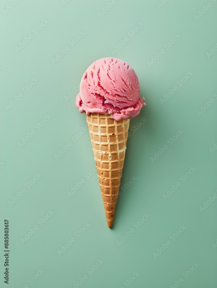 Light Red Ice Cream Cone on a green Background Light Red Ice Cream Cone on a green Background