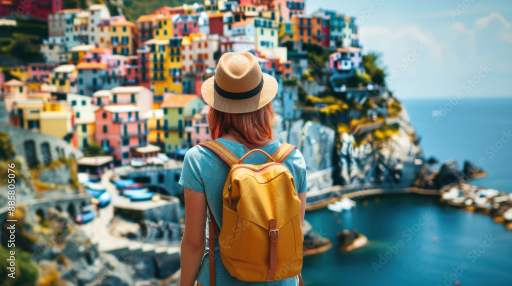 Traveler with a backpack and hat overlooking a vibrant, colorful coastal town with houses stacked on cliffs by the sea. Traveler with a backpack and hat overlooking a vibrant, colorful coastal town with houses stacked on cliffs by the sea.