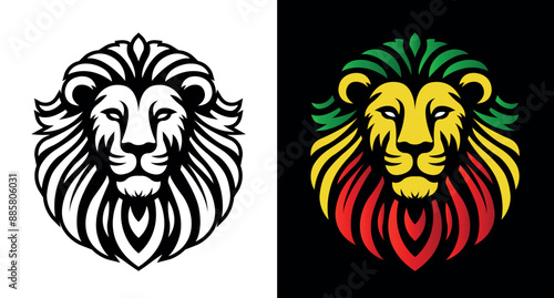 Jamaican reggae rasta lion head front view with rastafarian colors on dark background. Lion of Judah face eps vector art image illustration.