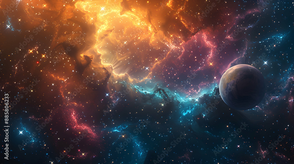 A solar planet depicted in a cosmic scene with bright stars and colorful nebulas A solar planet depicted in a cosmic scene with bright stars and colorful nebulas