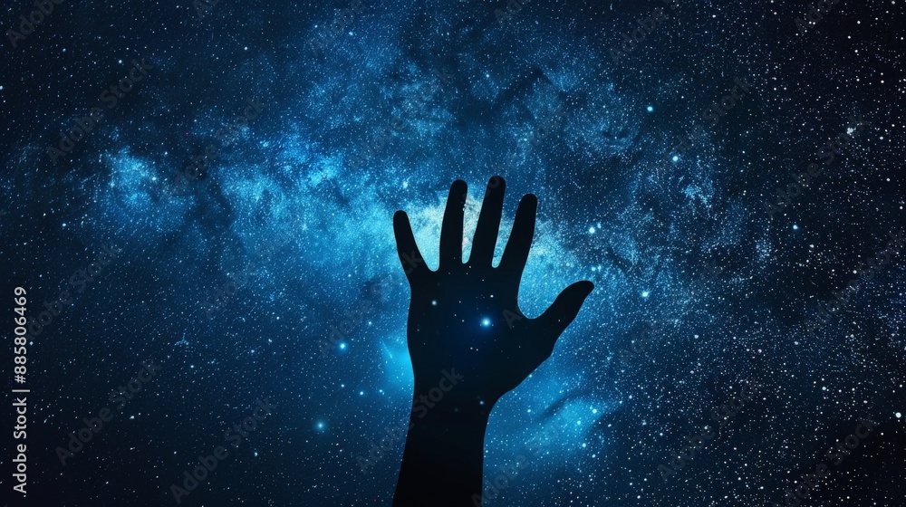 Silhouetted hand reaching up towards the stars, with a high-quality background of a starry night sky, evoking a sense of wonder and aspiration Silhouetted hand reaching up towards the stars, with a high-quality background of a starry night sky, evoking a sense of wonder and aspiration