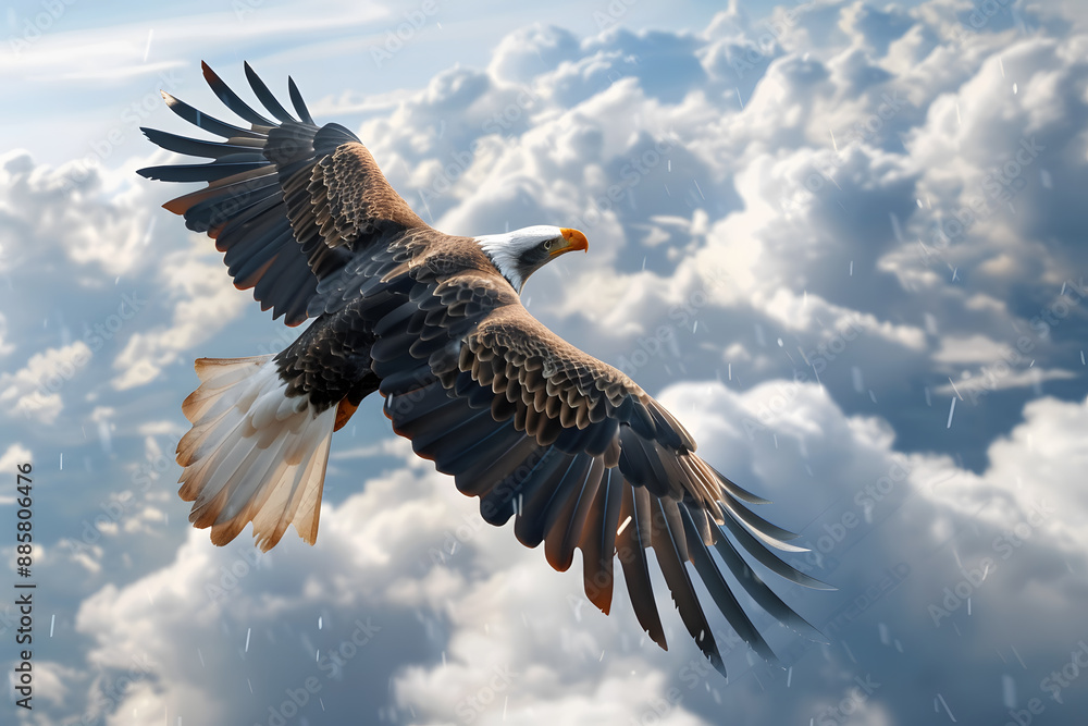 Obraz premium Bald eagle soaring through clouds