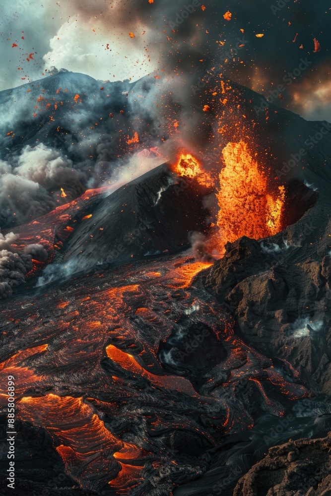 A volcanic explosion with molten lava streaming down the sides, ideal for uses such as science or documentary projects A volcanic explosion with molten lava streaming down the sides, ideal for uses such as science or documentary projects