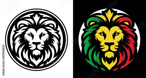 Lion of Judah face eps vector art image illustration. Rasta Jamaican lion head front view with rastafarian reggae colors on dark background.