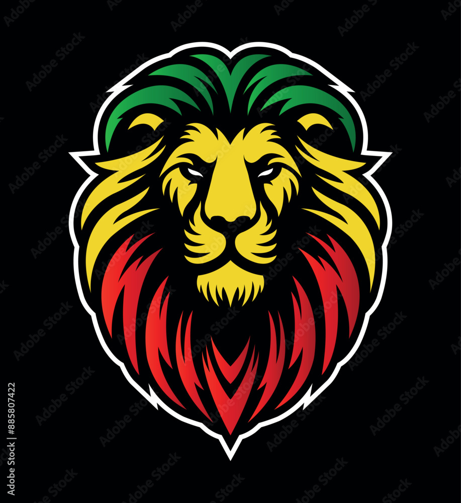 Obraz premium Lion of Judah face eps vector art image illustration. Rasta Jamaican lion head front view with rastafarian reggae colors on dark background.