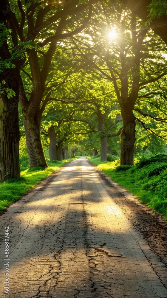 Fototapeta premium A sunlit path lined with tall trees creating a canopy of green leaves