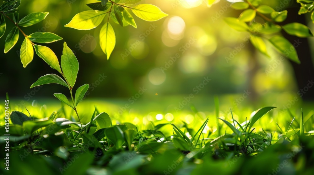 Close-up of green leaves and grass with sunlight filtering through the foliage Close-up of green leaves and grass with sunlight filtering through the foliage