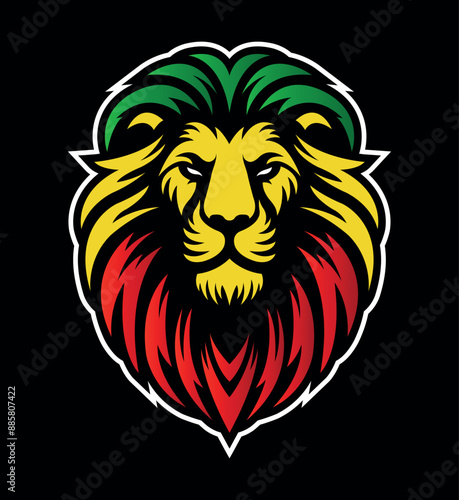Lion of Judah face eps vector art image illustration. Rasta Jamaican lion head front view with rastafarian reggae colors on dark background.