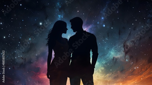  Entwined Souls: A Cosmic Connection in Silhouettes,science fiction book cover, tarot card design, astrology website banner, meditation app background, album cover artwork, 