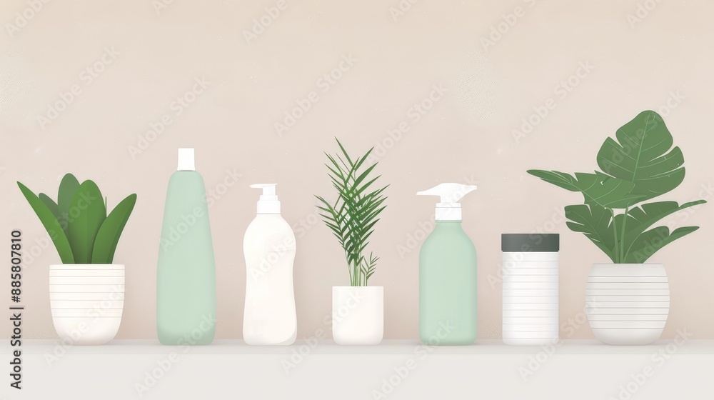 Environmentally friendly household items, made from biodegradable materials, arranged in a bright and clean space, promoting green living, flat design illustration Environmentally friendly household items, made from biodegradable materials, arranged in a bright and clean space, promoting green living, flat design illustration