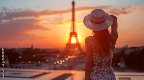 A woman in a hat gazes at the Eiffel Tower during a beautiful sunset, capturing the romance and charm of Paris. photo