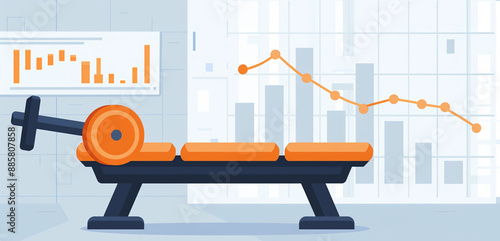 Exercise equipment and stock market charts in the background, illustrating the practice of maintaining both physical health and financial stability, flat design illustration photo