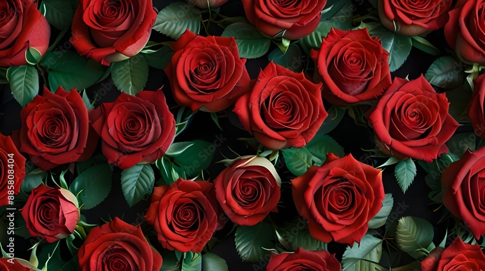 Naklejka premium A Sea of Red Roses in a Top-Down View,mother's day card design, tea party invitation background, fashion dress print, vintage wallpaper texture, restaurant menu background,
