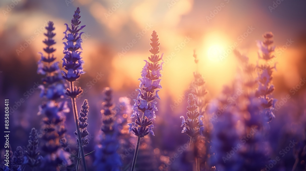 Close-up of lavender flowers in a field at sunset with a warm, glowing sky Close-up of lavender flowers in a field at sunset with a warm, glowing sky