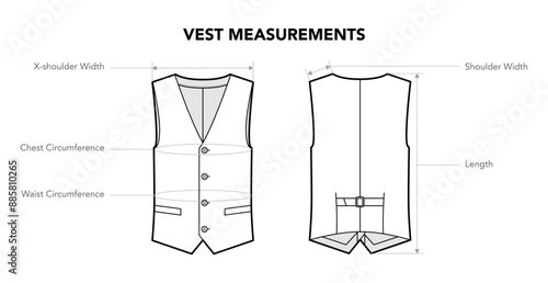 Set of Vest measurements, diagram with names - length, Circumference styles technical fashion illustration. Flat apparel template front, back view. Women, men unisex CAD mockup isolated on white