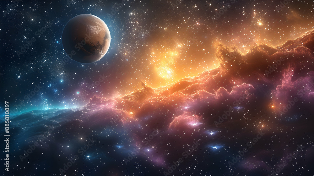 A solar planet surrounded by colorful cosmic dust and twinkling stars A solar planet surrounded by colorful cosmic dust and twinkling stars
