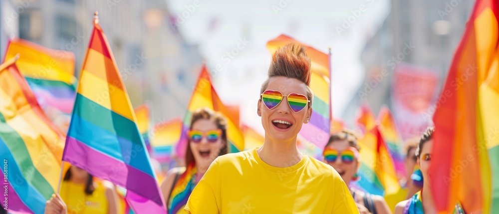 Celebratory Pride Parade with Joyful People Wearing Rainbow Flags and Heart-Shaped Sunglasses Celebratory Pride Parade with Joyful People Wearing Rainbow Flags and Heart-Shaped Sunglasses