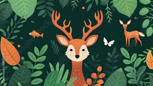 Lush forest surroundings, diverse habitat teeming with wildlife, showcasing the beauty and complexity of nature's ecosystem, flat design illustration