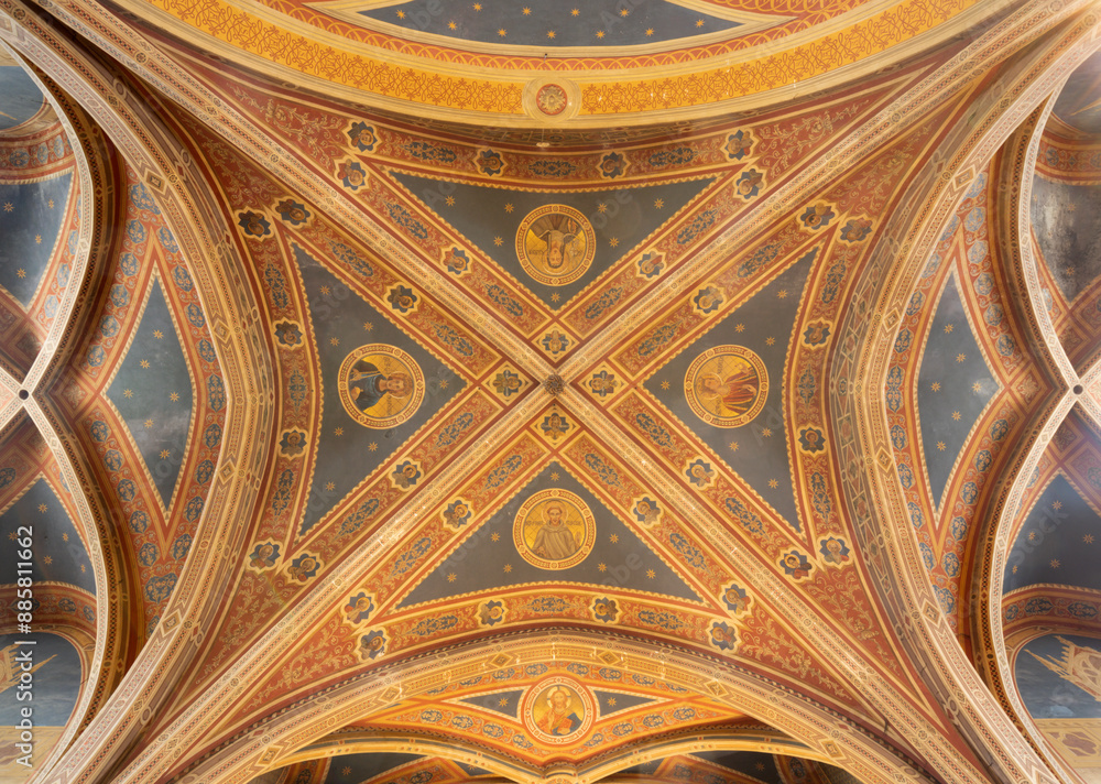 SPELLO, ITALY - MAY 18, 2024: The ceiling fresco in the church Chiesa di San Andrea by Benvenuto Crispoldi (1913). SPELLO, ITALY - MAY 18, 2024: The ceiling fresco in the church Chiesa di San Andrea by Benvenuto Crispoldi (1913).