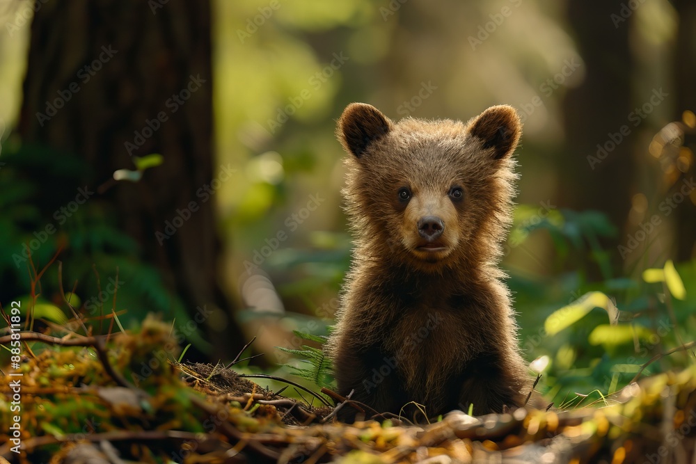Young brown bear cub sits in a sunlit forest, showcasing its inquisitive nature Young brown bear cub sits in a sunlit forest, showcasing its inquisitive nature