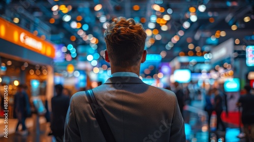Networking Professional Engaged at Trade Show Captivating Image of Businessman Surveys Event Amongst Bright Lights and Bustling Environment Canon EOS R5 Style © AbiScene