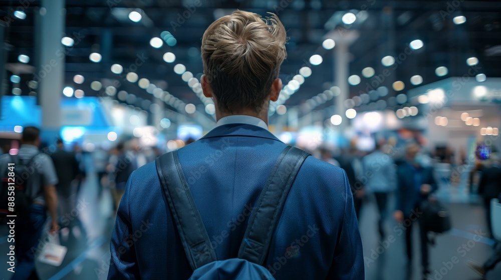 Fototapeta premium Professional Networking in a Modern Conference Hall Captivating Image of Man in Blue Suit Engaging with Attendees at Event Canon EOS R5 Style