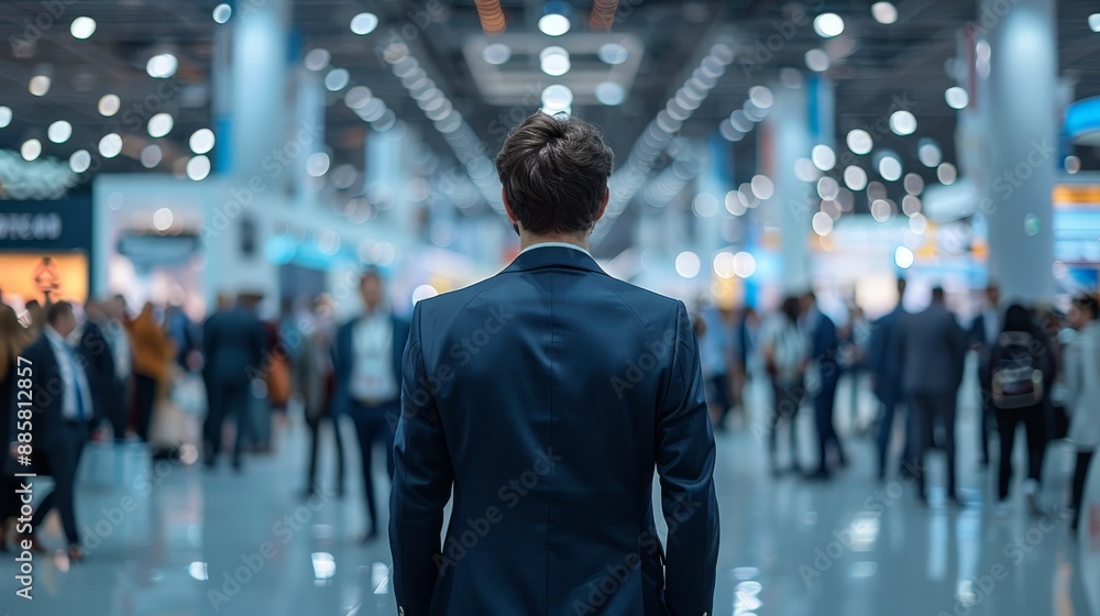Fototapeta premium Dynamic Corporate Gathering Navy Suit Executive at Vibrant Conference with Engaging Atmosphere Canon EOS R5 Stock Image
