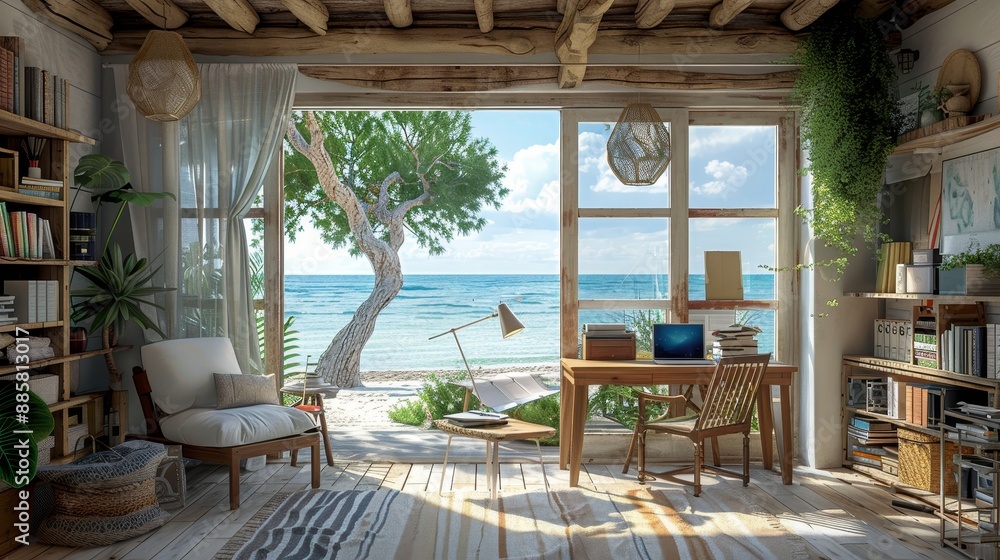 Obraz premium Seaside Serenity Tranquil Coastal Office Retreat with Breathtaking Ocean Views Canon EOS R5 Photography