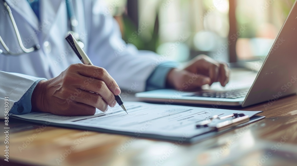 Expert Medical Professional Completing Patient Form on Clipboard Laptop Nearby Healthcare Documentation and Patient Care Concept Expert Medical Professional Completing Patient Form on Clipboard Laptop Nearby Healthcare Documentation and Patient Care Concept
